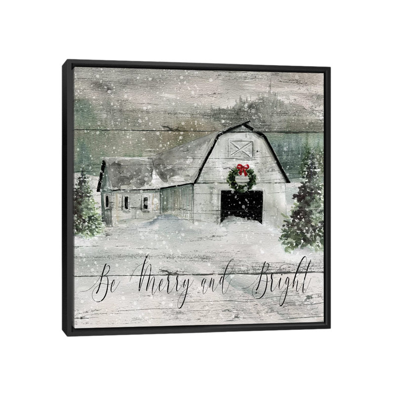 «Merry and Bright Barn» par Carol Robinson - reproduction imprimée, Toile avec cadre noir, Pas de tapis