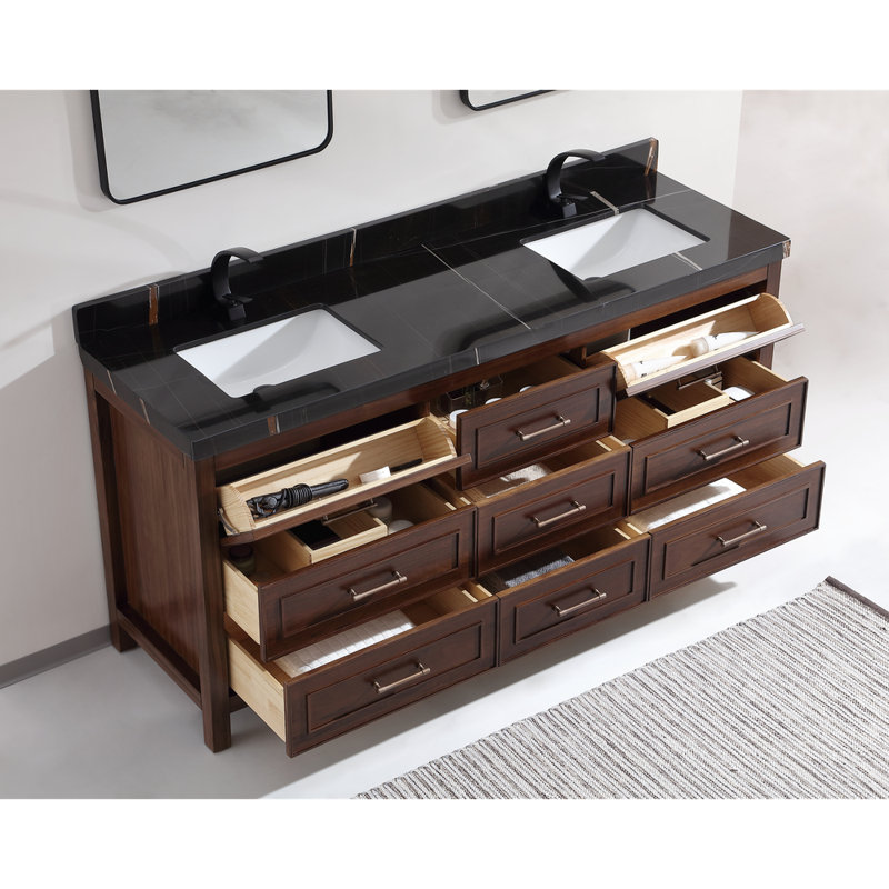 72" EBONY DOUBLE SINK VANITY DARK FINISH WITH WK-72 TOP 2" THICK TOP, Brown, Black