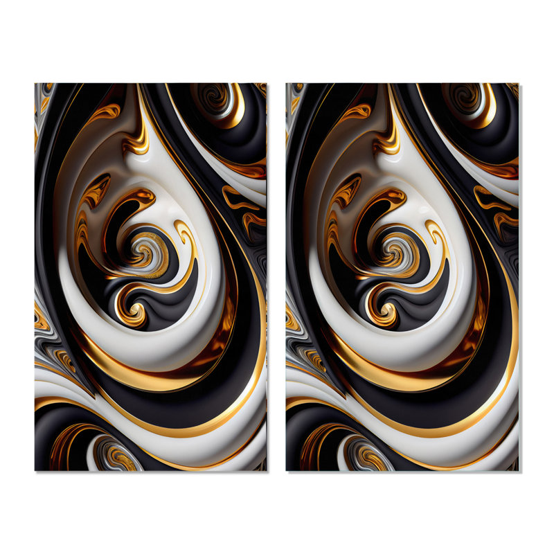 "Spirale de vitrail doré et noir", 2 pièces sur toile, Toile tendue, H 20 po x l 24 po