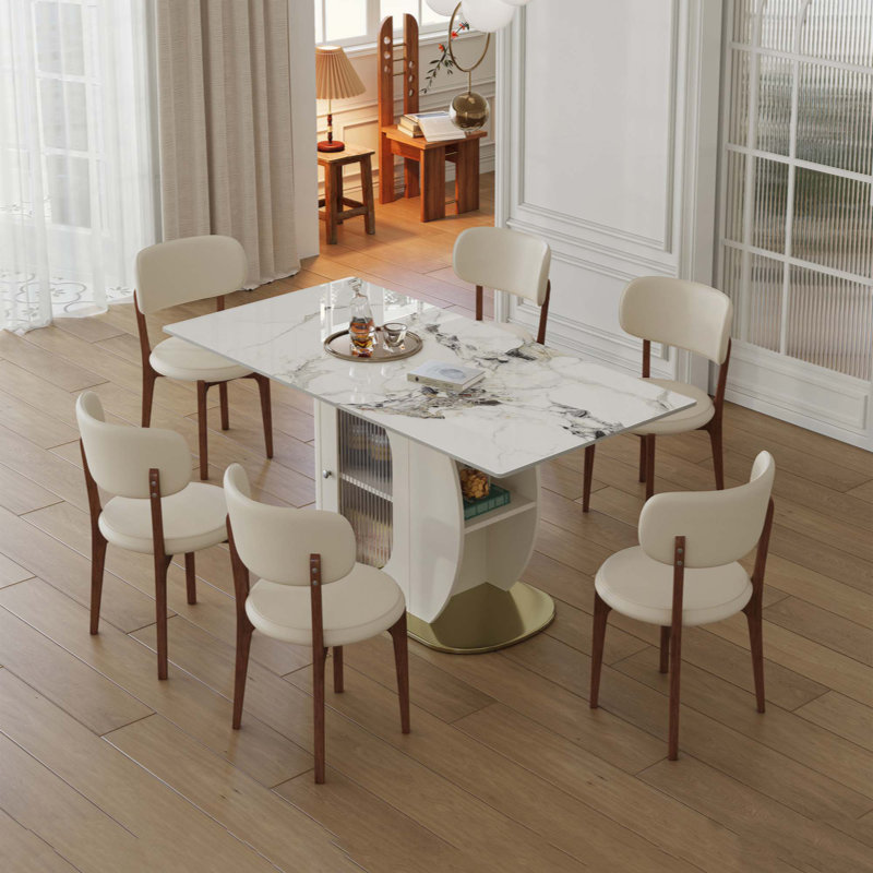 Ensemble de table à manger moderne pour 4 à 6 personnes avec rangement, plateau en pierre brûlée et base en bois massif, comprenant 6 chaises en polyuréthane pour la cuisine et les appartements