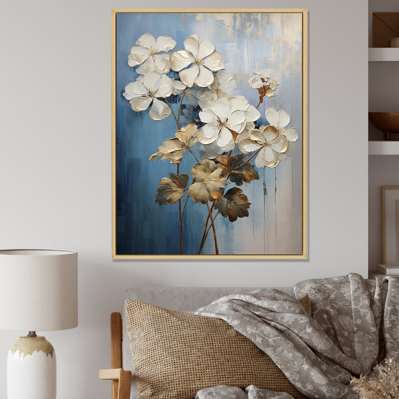 Minimalisme, géraniums bleus et blancs sur toile, Cadre naturel flottant, H 44 po x l 34 po x P 1,5 po