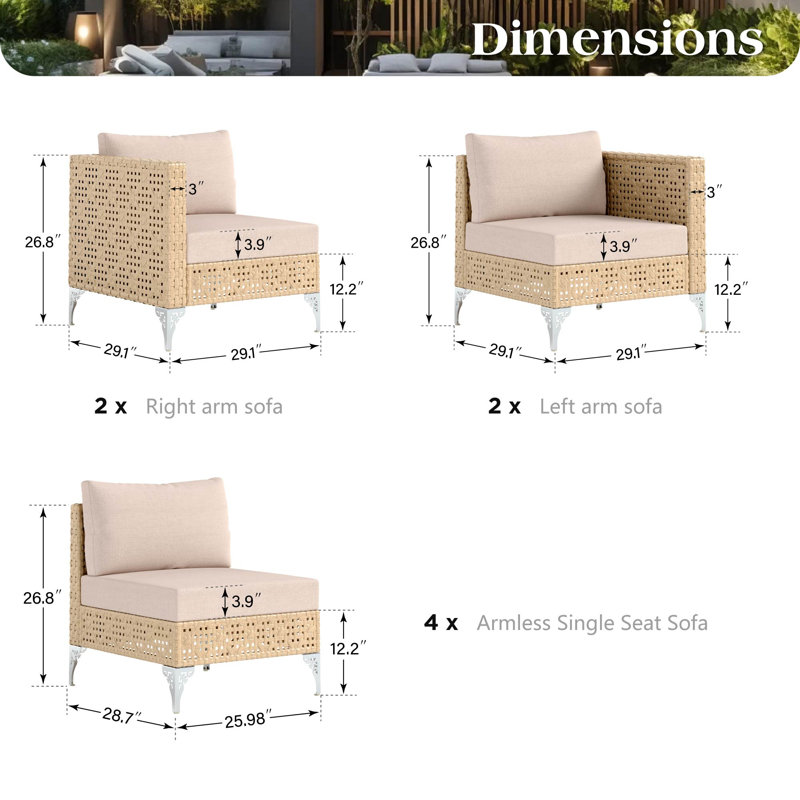 Ensemble de conversation extérieur en résine tressée avec tressage dense, pieds en métal ajouré et coussins de 10 cm.