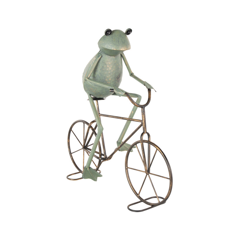 Cole And Metal On Bicycle Frog Decorative Garden Sculpture With Gold Accents, 19.45" H x 19.40" W x 6.90" D, Green