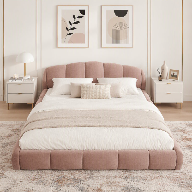 Lit plateforme tapissier avec tête de lit courbée en chenille, Grand lit, Rose