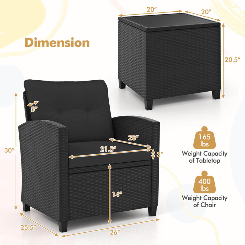 3 Pcs Patio Furniture Set With Tempered Glass Coffee Table Washable Cushions, Black