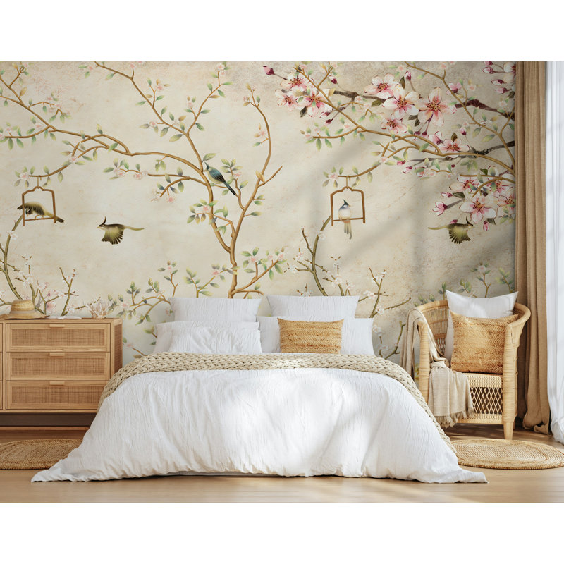 Papier peint rétro avec cage à oiseaux Cherry Blossom, L 75 po x l 112 po