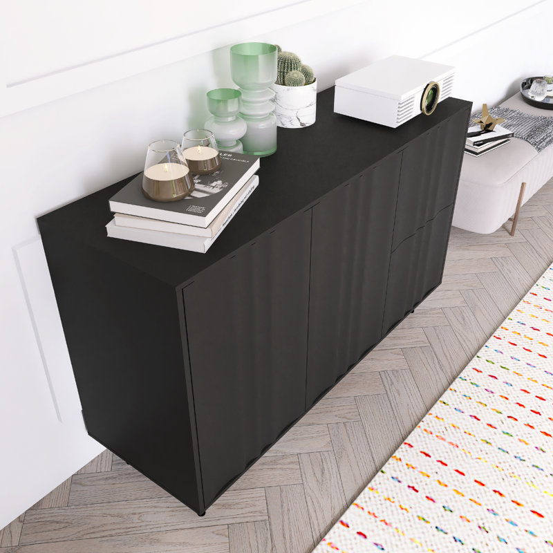 Armoire de rangement à motif de vagues avec 2 portes et 2 tiroirs, Noir