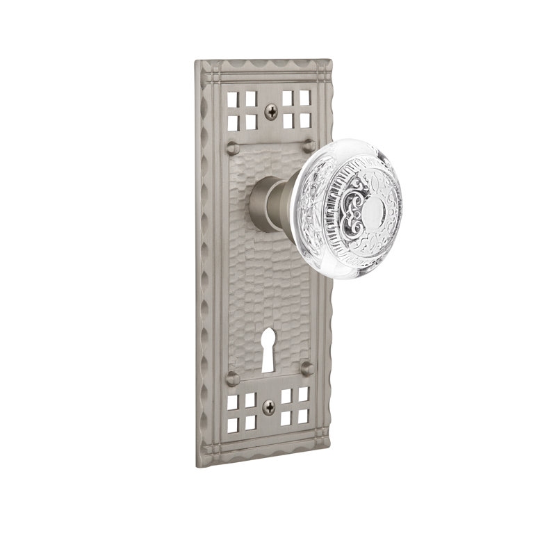 Craftsman Plate with Decorative Keyhole and Crystal Egg & Dart Knob, 2-3/8”, Satin Nickel