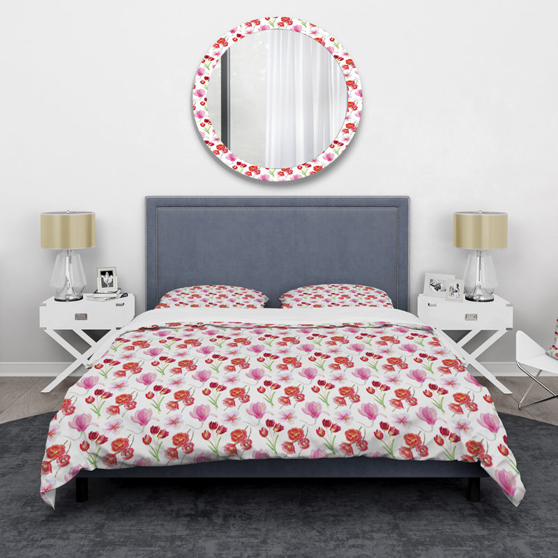Fleurs de printemps rouges sur fond blanc - ensemble de housse de couette traditionnel - microfibre de polyester