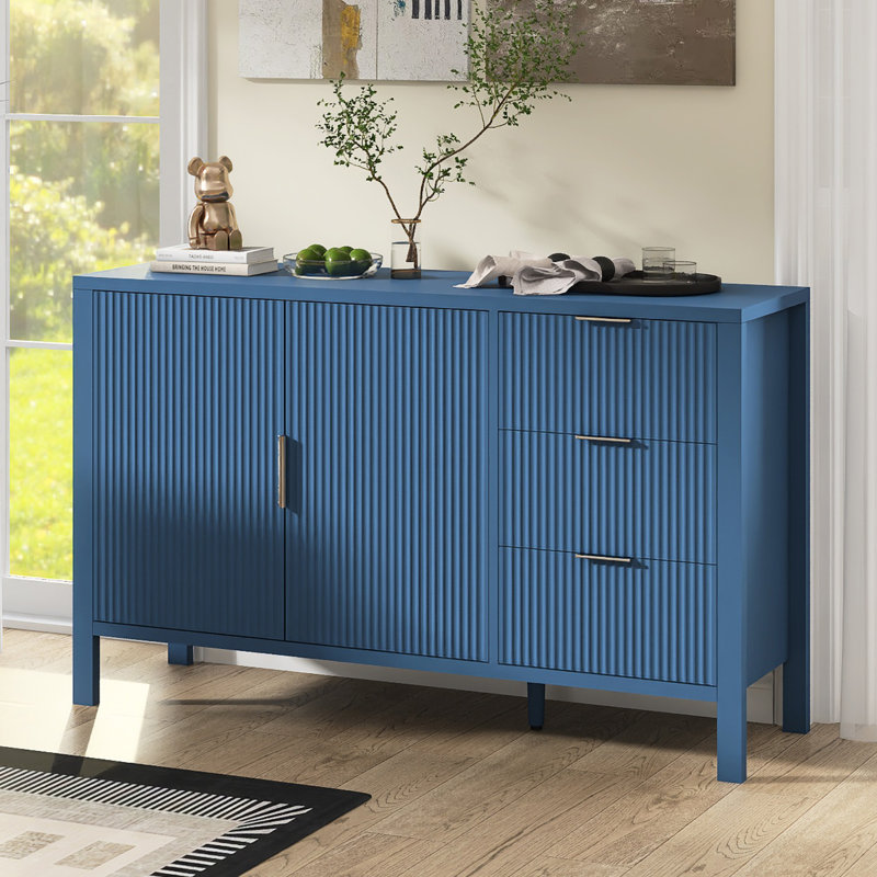 Buffet moderne de 55,1 po avec tablettes réglables, 3 tiroirs et crochets, Bleu