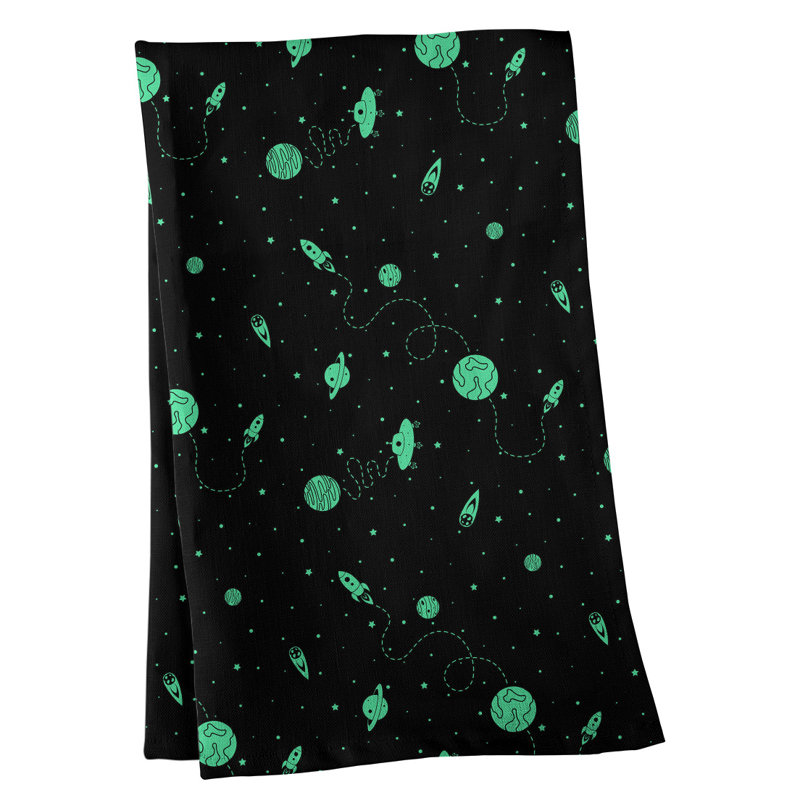 Serviette de thé à motif extérieur space, Sergé de coton, Noir / Vert