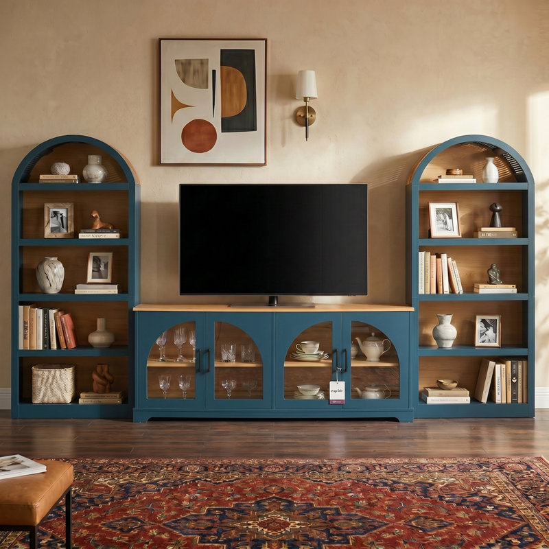 Ensemble de meuble télé 3 pièces en MDF avec bibliothèque pour téléviseur de 70 po ou moins, bleu, Blue