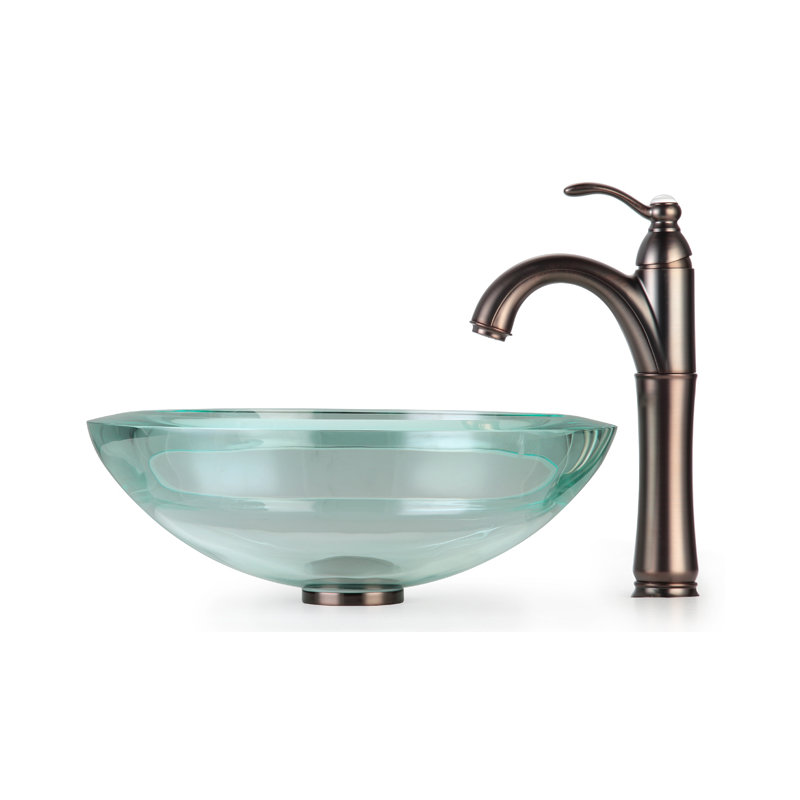KRAUS 34 mm Clear Glass Vessel Sink with Pop-Up Drain and Mounting Ring, Satin Nickel