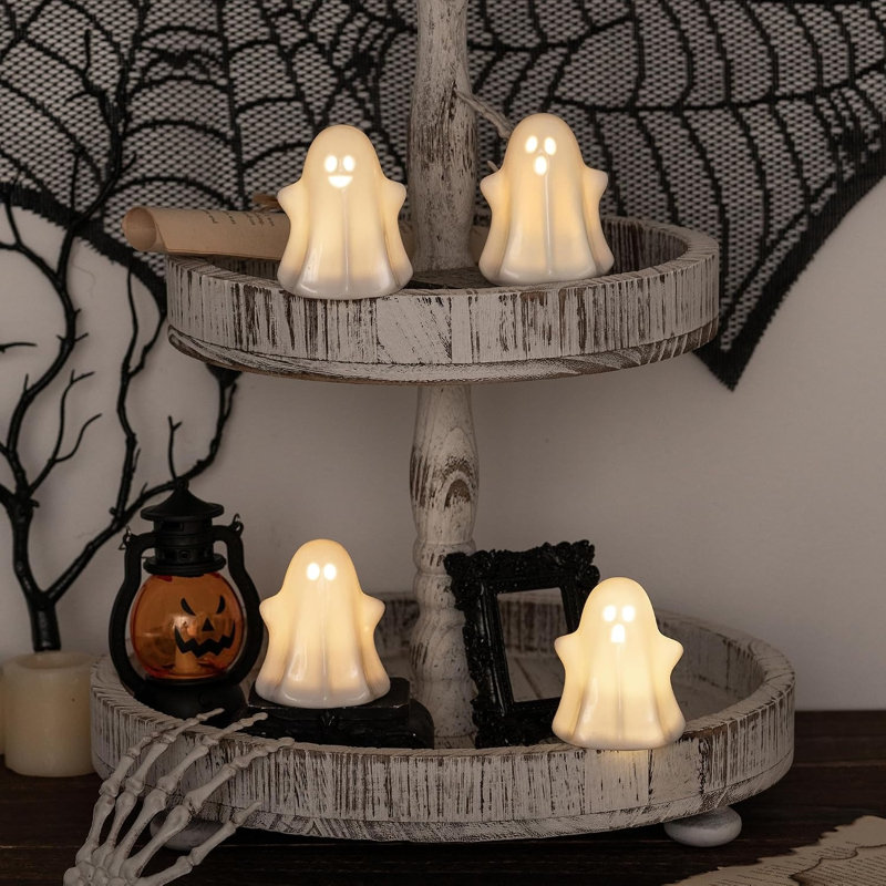 Ensemble de 4 figurines de fantôme d'Halloween en céramique 4 lumières avec lumières DEL, statues de fantômes illuminées fabriquées à la main de 2 à 3 po avec compartiment à piles sécuritaire pour les enfants, tablette de manteau de table déco