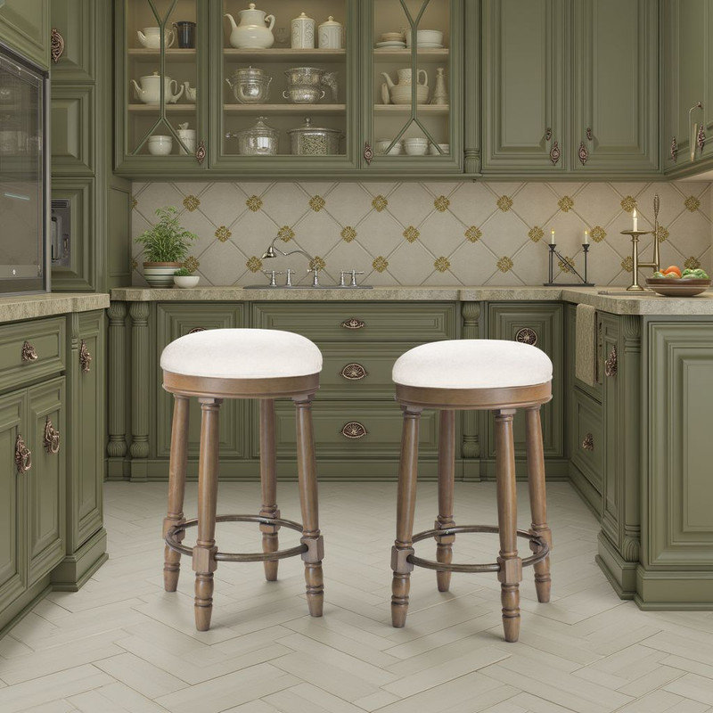 Ensemble de 2 tabourets de bar pivotants - siège rembourré en tissu, base en bois d'hévéa?, Brun, Blanc