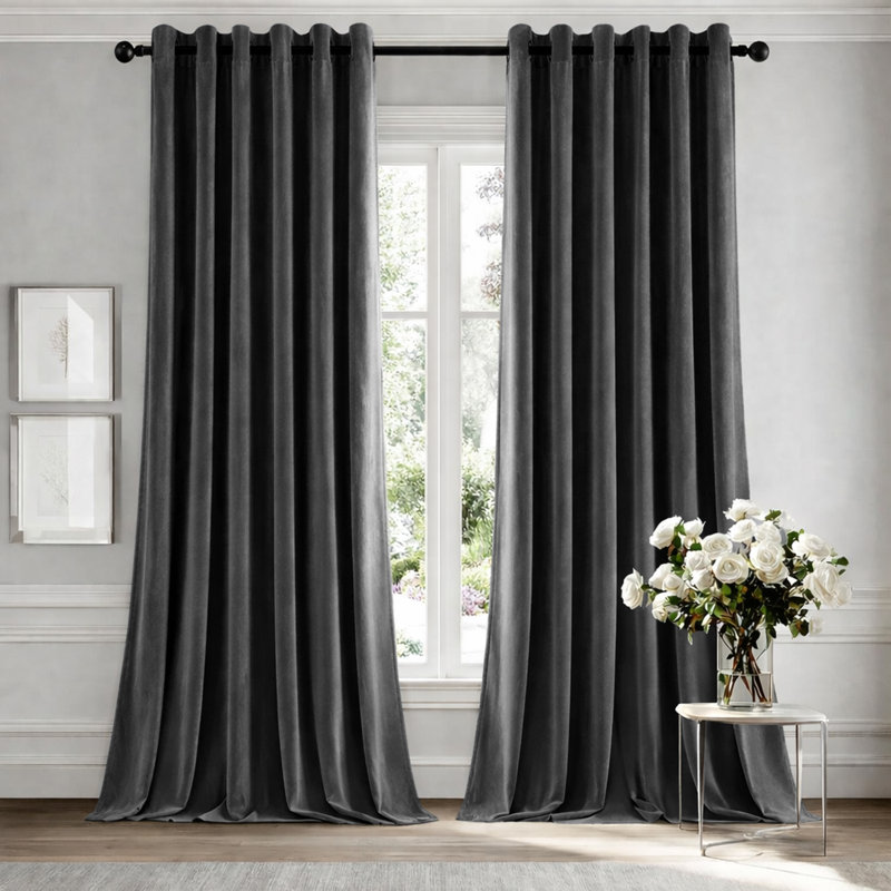 Heavy Crushed Ready Made Velvet Eyelet Curtains (Set Of 2), Grey, 228cm Width x 228cm Height