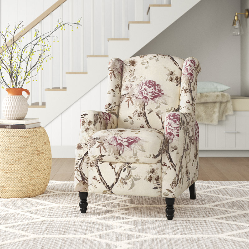 Celia Upholstered Manual Recliner with Classic Wing Back and Solid Vase-Shape Wooden Legs, Bird