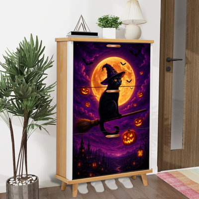Armoire de rangement pour chaussures avec 3 tiroirs rabattables pour chat noir, balai, sorcière, chapeau, lanternes et citrouille contre rangement pleine lune