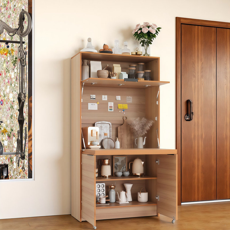 Compact Kitchen Pantry Buffet with Foldable Workstation & Built-in Power Outlets, Natural