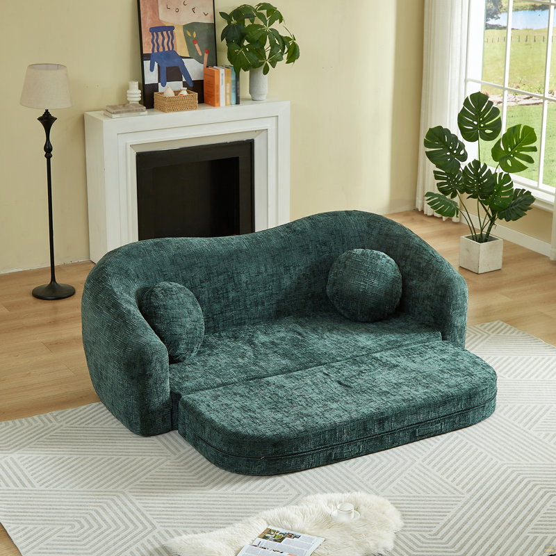 Canapé inclinable convertible courbé de 86 pouces, canapé-lit pliant sans cadre 2 en 1 avec base coulissante et siège profond, canapé inclinable en chenille à deux places, aucun assemblage requis Vert
