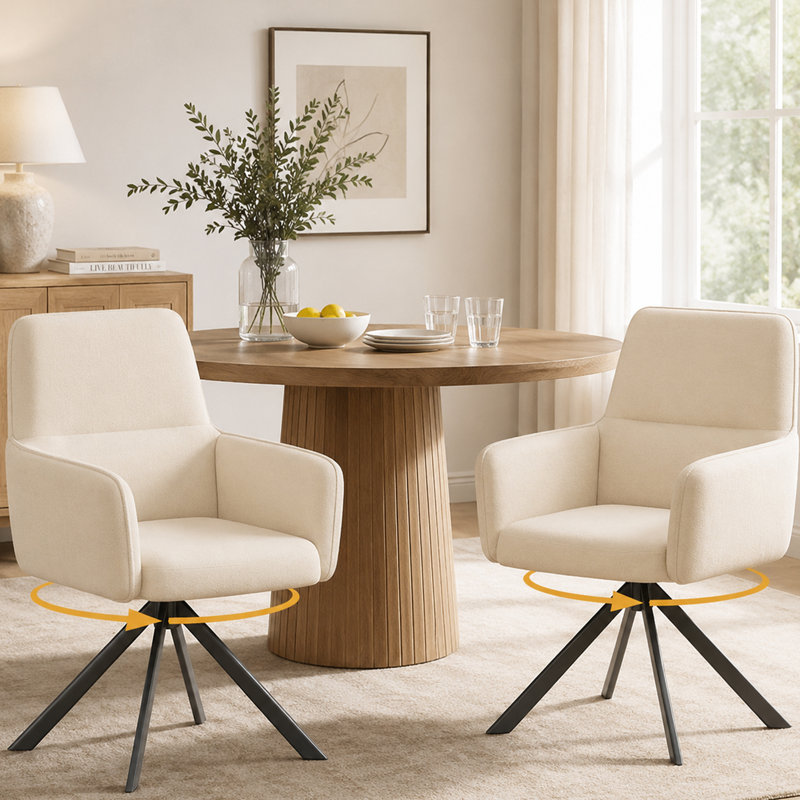 Chaise de salle à manger rembourrée pivotante à 360 ° en couleur unie avec accoudoirs Morden, Beige