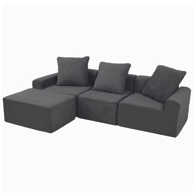 American Design Convertible Modular 3 - Seat Sectional In Antique Grey, Medium Firm Seat, Velvet Main Material, Popular Microfiber Fabric, Stain Machine Washable Brushed Corduroy Covers Fabric