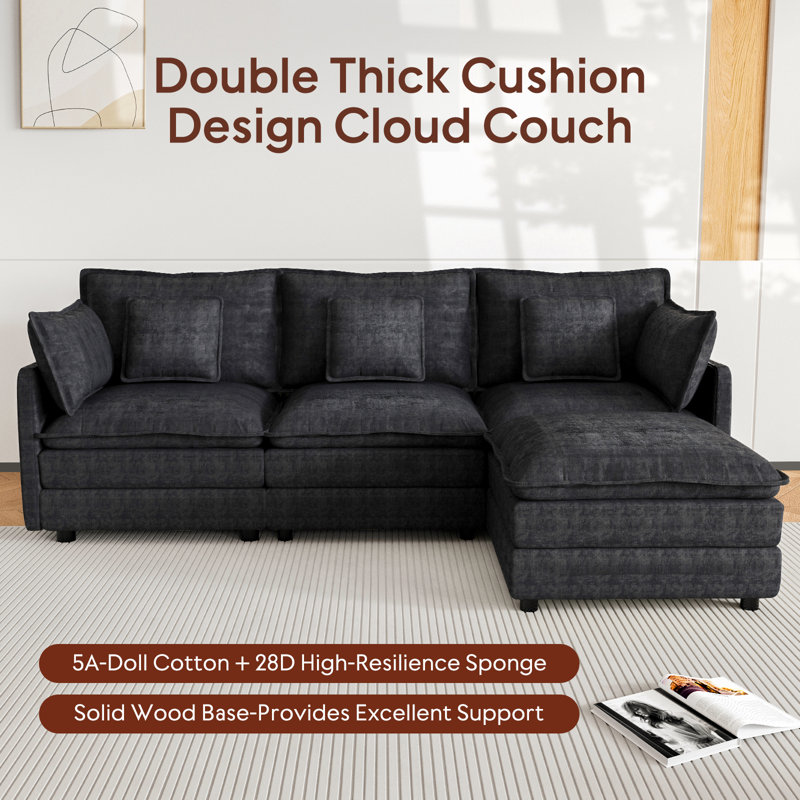  Canapé modulaire en forme de L 106,5 po, canapé Cloud moderne avec revêtement en chenille, 3 places avec coussins lombaires et repose-pieds mobile