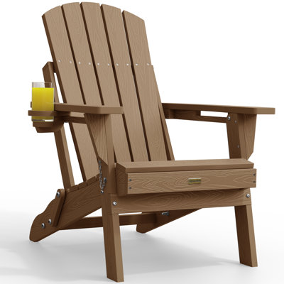 Weather-Resistant Adirondack Chairs with Cup Holder: Outdoor Plastic HDPE Folding Adirondack Chairs for Fire Pit/Deck/Porch/Garden/Lawn/Backyard (Teak)