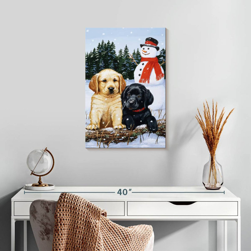 Brampt Lab Puppies With Snowman, 24" H x 16" W