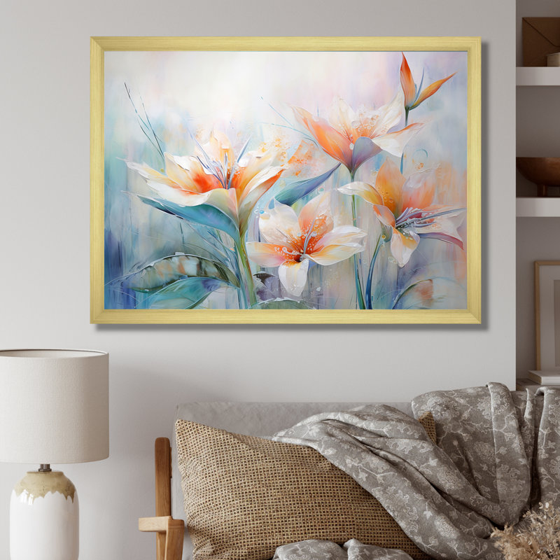 Oiseaux de paradis beige et orange sur toile, Cadre doré simple, H 30 po x l 40 po x P 1,5 po