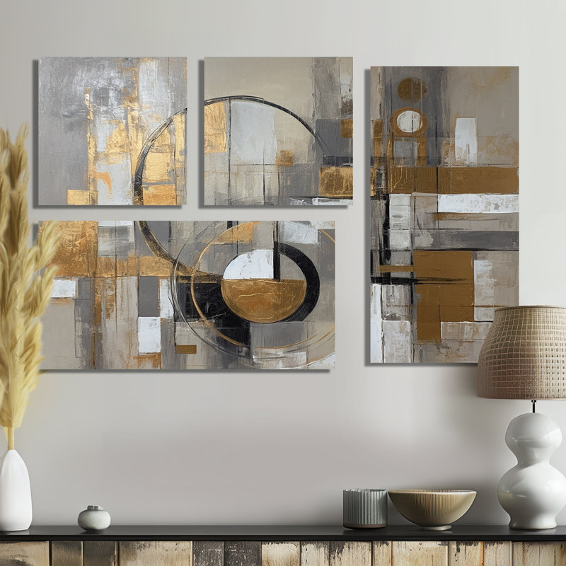 «Gray Radical Simplicity I», art mural surdimensionné Mid-Century abstrait 4 pièces, Noir
