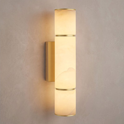 16" Dimmable Natural Alabaster Cylinder Wall Sconce, 15W Brushed Gold LED Wall Light for Bathroom Vanity Hallway Bedroom