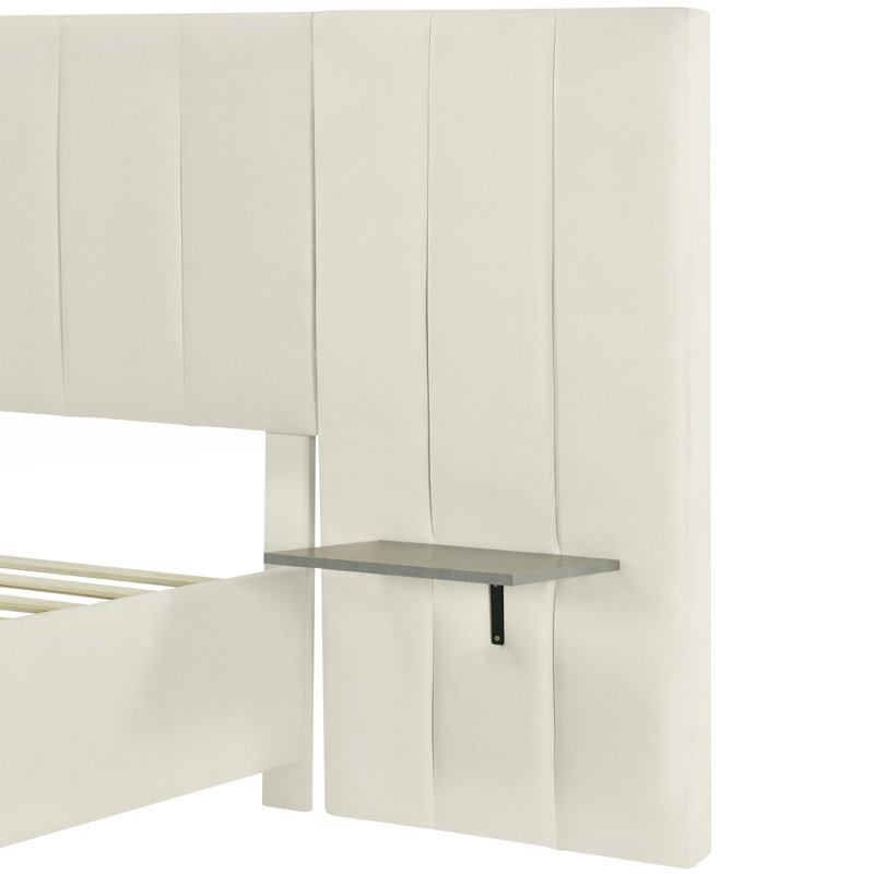 Grand lit plateforme tapissier avec grande tête de lit, mobilier de chambre à coucher, velours, beige, Beige