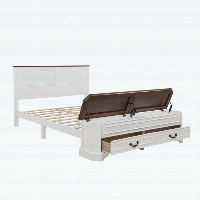Lit de style campagnard avec tête de lit, banc de rangement et grands tiroirs, structure en bois, Blanc