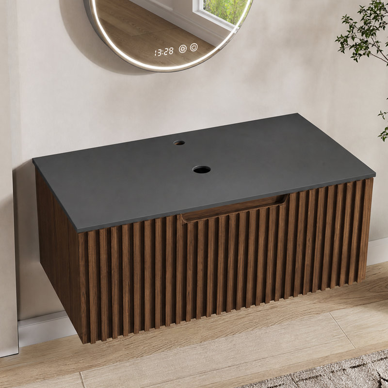 Meuble-lavabo flottant mural, structure en bois massif, comptoir en pierre noire, armoire de rangement à fermeture en douceur, assemblage requis par KD, évier non inclus