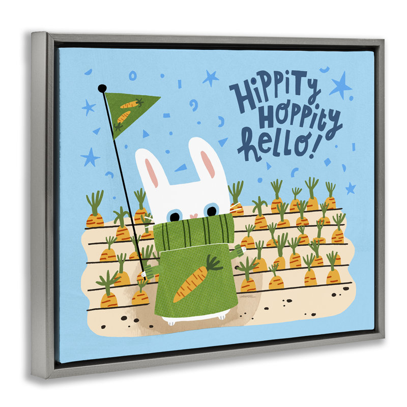 «Hippity Hoppity Hello Bunny», toile encadrée flottante noire par Leeza Hernandez, Cadre flottant gris lustré