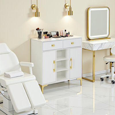 Armoire d'appoint cannelée avec 2 tiroirs, tablettes ouvertes et 2 armoires réglables