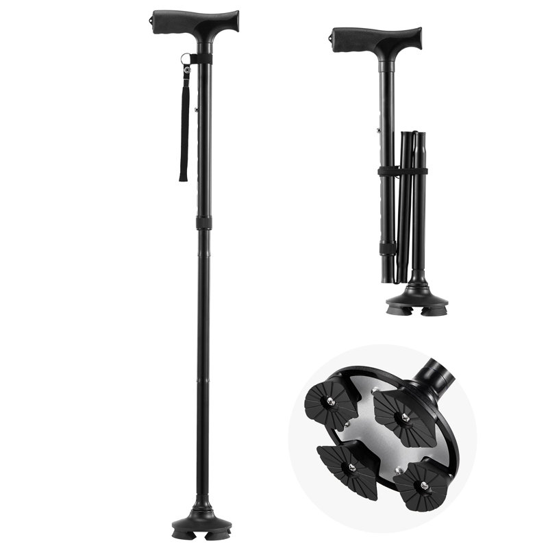 Canne de marche canne pliante avec hauteur à 8 niveaux et base pivotante à 4 branches, Noir, noir, noir, noir