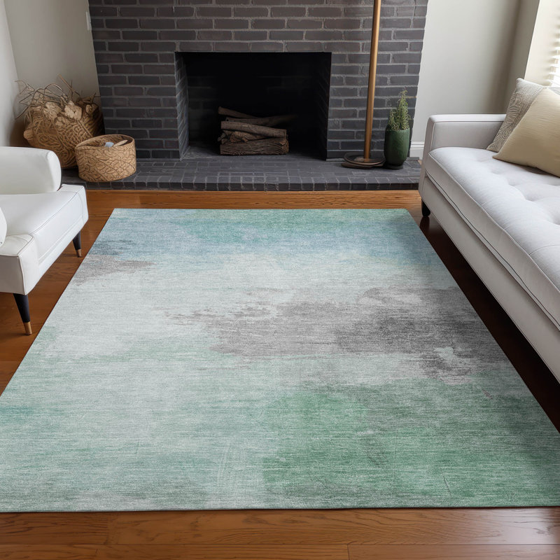 8' x 10' Seafoam and Gray Synthetic Washable Rug
