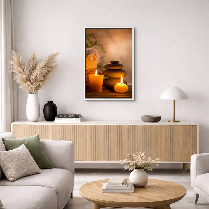 Zen Stones Massage Spa With Warm Burning Candle Bathroom Vertical Pictures On Canvas Print Wall Art, 24" H x 16" W
