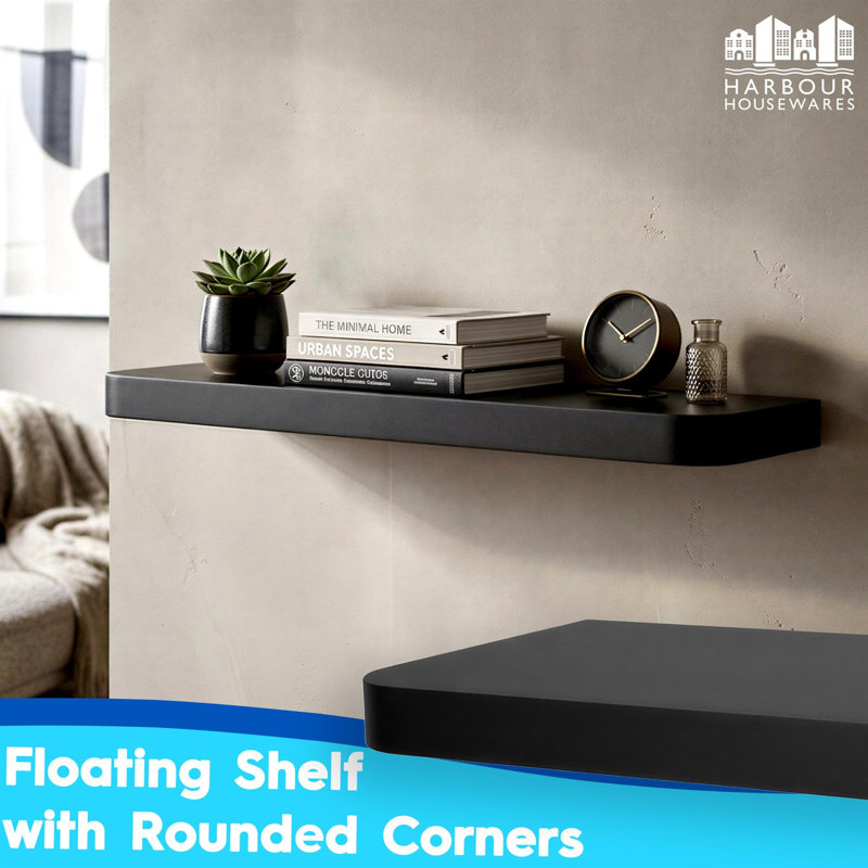 Harbour Housewares Rounded Wooden Floating Shelves - 60cm - White - Pack of 2, Black