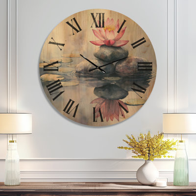 Très grande horloge murale en bois Boho - Pierres équilibrées avec reflet de lotus