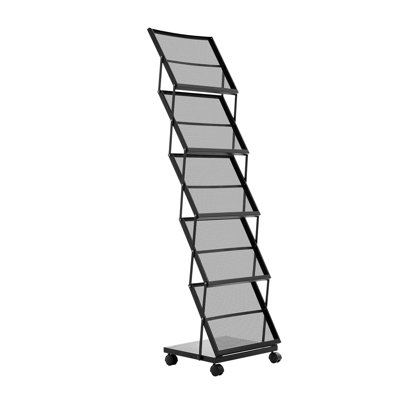 5-Pocket Black Metal Magazine Rack on Wheels - Foldable Floor Standing Brochure Display Stand for Office & Retail