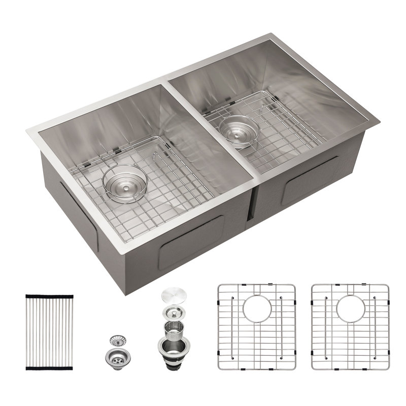 33X19 Undermount Double Bowl Kitchen Sink (50/50) In 16 Gauge Stainless Steel With 9 Inch Deep Basin