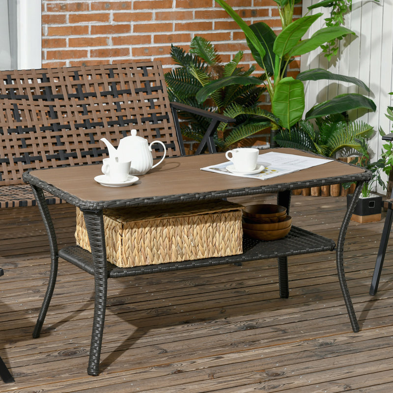 Outsunny Patio PE Rattan Coffee Table With Storage Shelf, Hand-Woven Wicker Outdoor Side Table, 2-Layer Storage Table With Wood-Plastic Composite Top, For Garden, Porch, Backyard