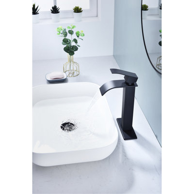 Robinet de lavabo pour salle de bain à poignée simple Waterfall Spout, noir mat, acier inoxydable avec bonde escamotable sans trop-plein