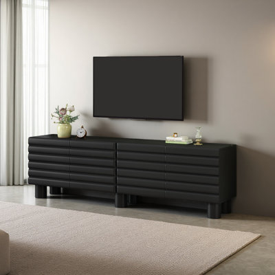 Stylish Thick Wavy Door TV Cabinet With Adjustable Shelves, Cream Style TV Stand With 4 Cabinets For Tvs Up To 75", Solid Media Console With Cylindrical Legs And Cable Holes For Living Room