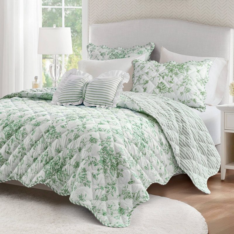 Ensemble de courtepointe 4 pièces avec coussin décoratif, Green, Grand lit