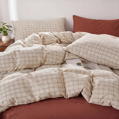 Literie à carreaux écru, taille Queen, 100 % coton aspect lin, avec fermeture éclair invisible et 8 attaches aux coins, 3 pièces, douce et respirante, style preppy.