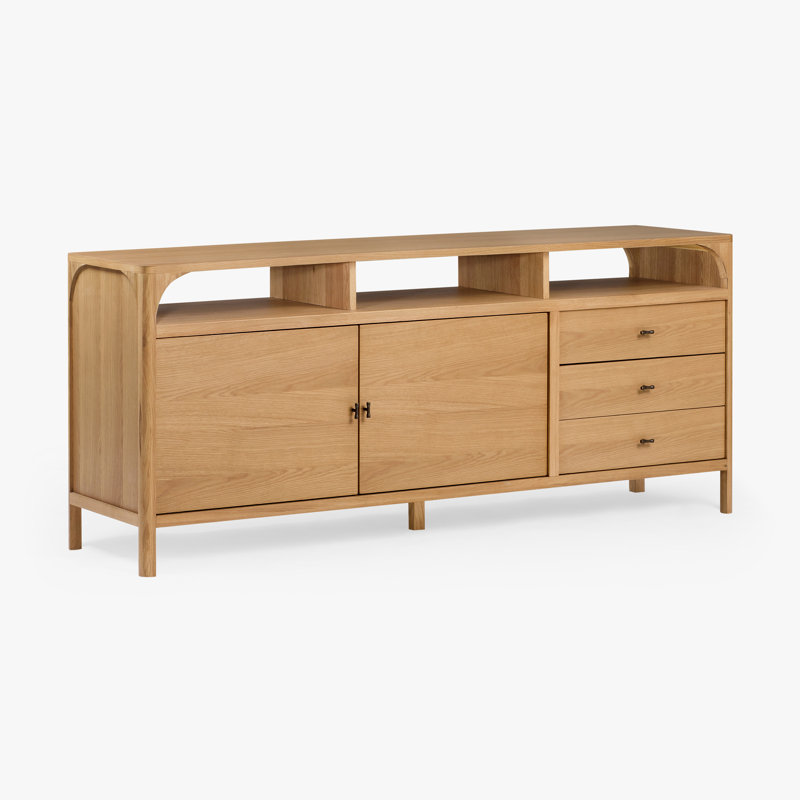 Buffet 3 tiroirs et tablettes réglables avec armoire de rangement ouverte Kaela